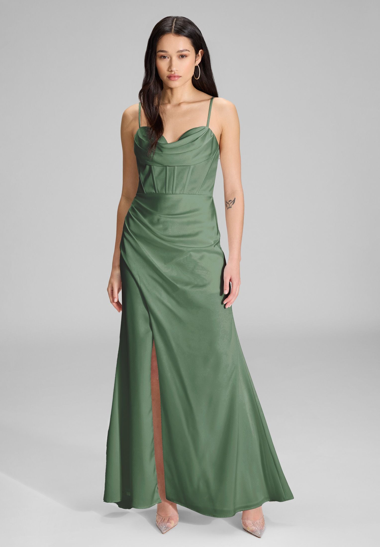 Satinkleid Maxi  mit Drapierung und Beinschlitz