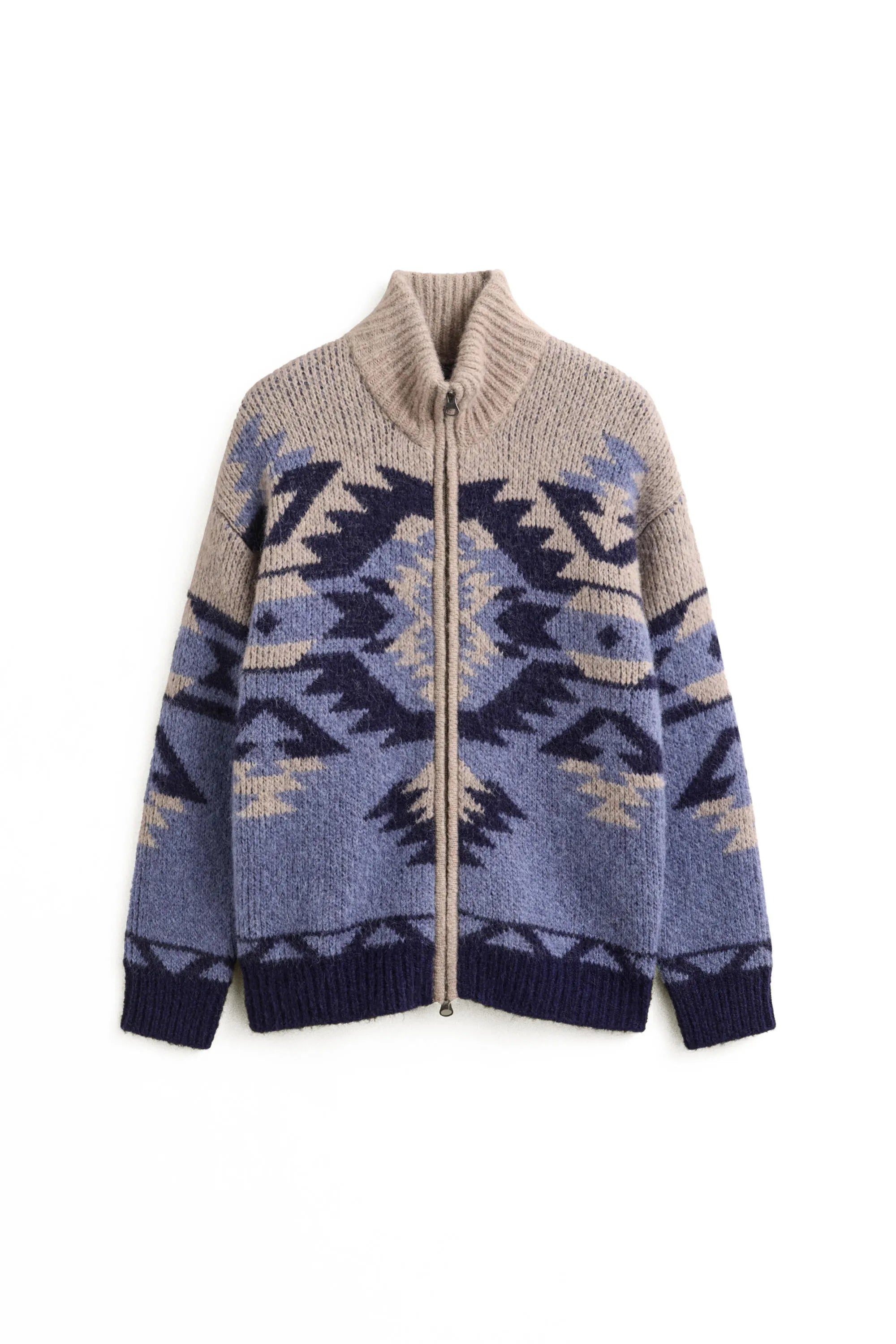 ALPACA BLEND JACQUARD ZIP CARDIGAN, BLUE HORIZON XXL